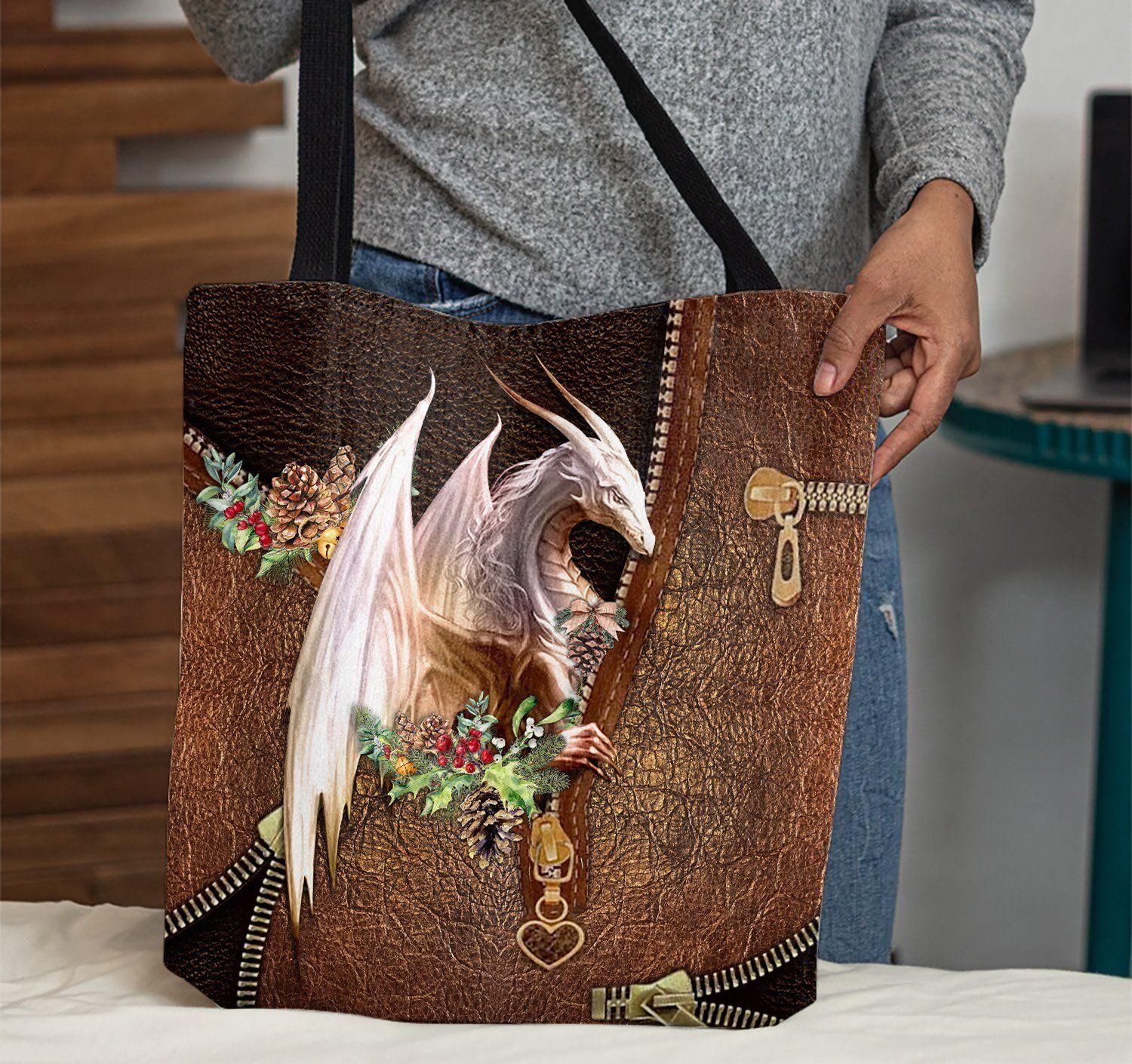 Dragon Flower Christmas Leather Pattern Printed Tote Bag