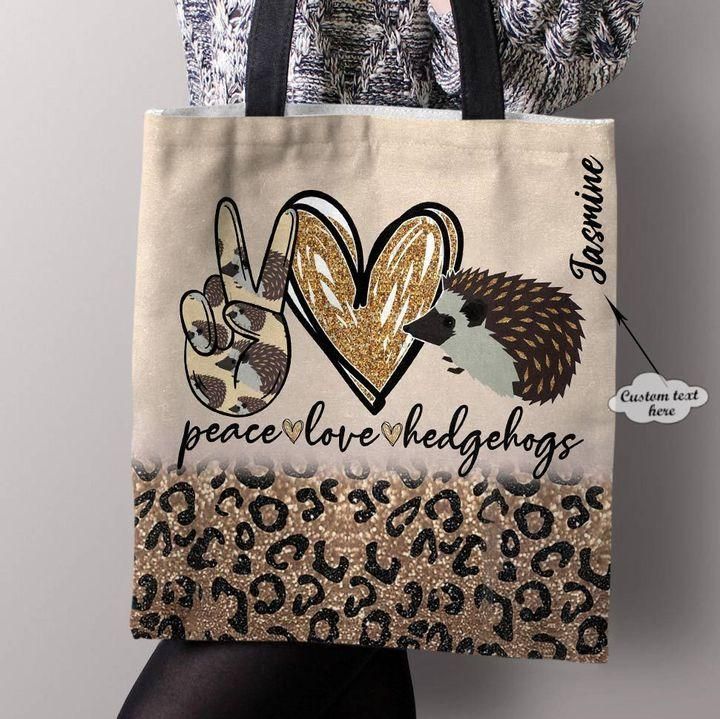 Glitter Leopard Peace Love Hedgehogs Custom Name Printed Tote Bag