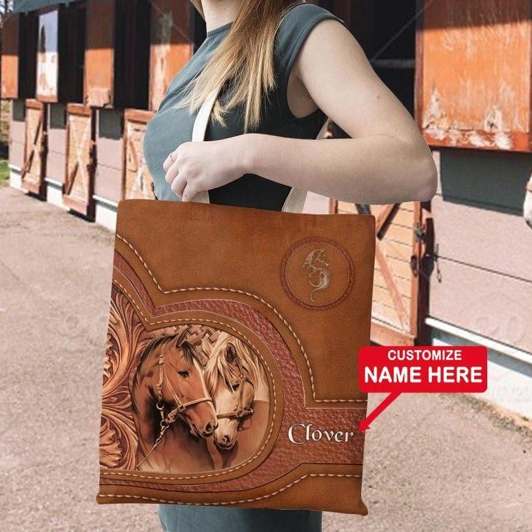 Couple Horse Love Gift Leather Color 3D Printed Custom Name Tote Bag