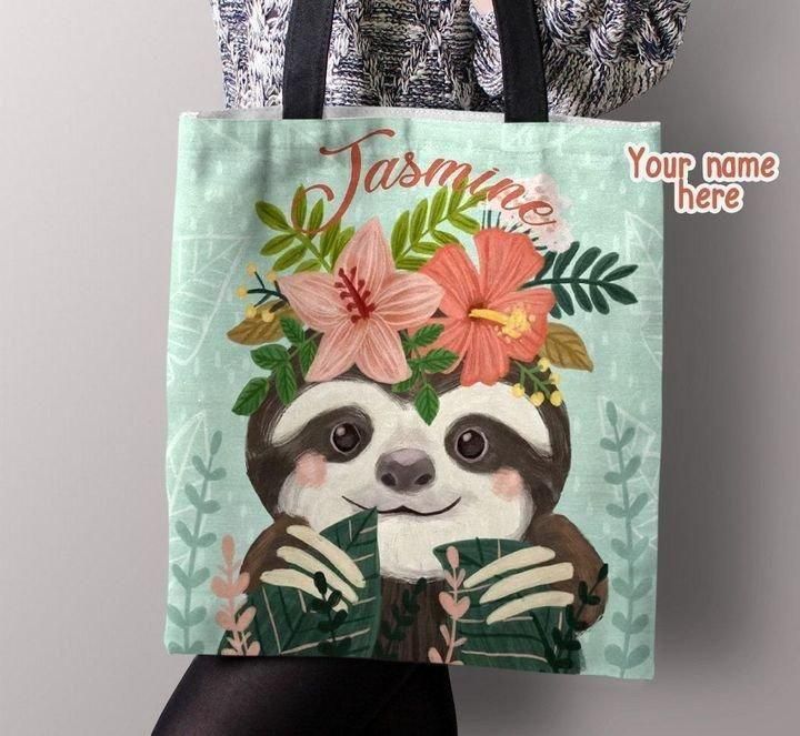 Love Sloth Floral Vintage Custom Name Printed Tote Bag