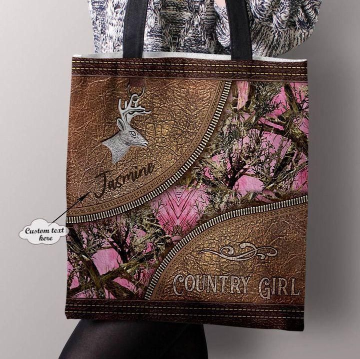 Country Girl Deer Camouflage Leather Pattern Custom Name Printed Tote Bag PANCVTB007
