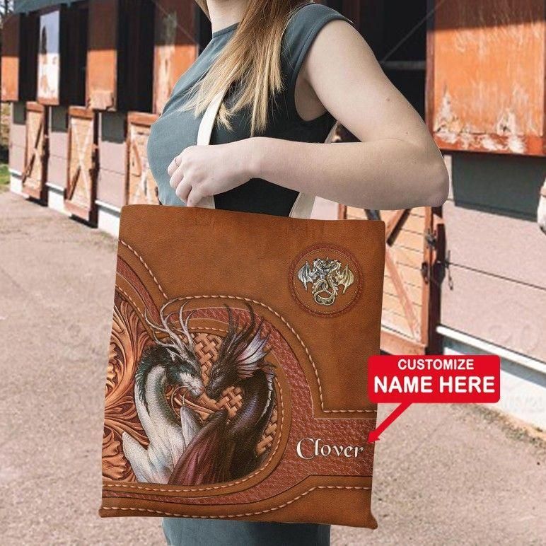Love Couple Dragons Leather Fake 3D Custom Name Printed Tote Bag