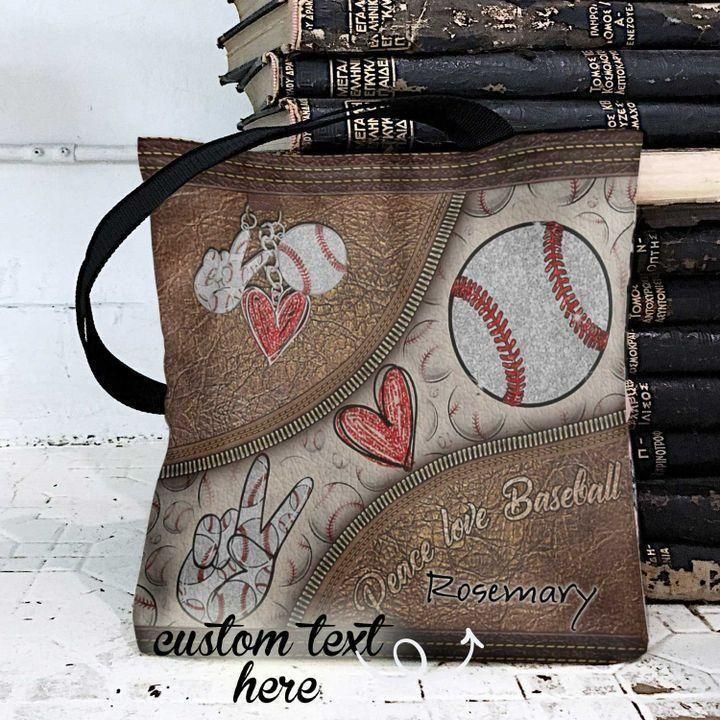 Peace Love Baseball Leather Pattern Custom Name Printed Tote Bag
