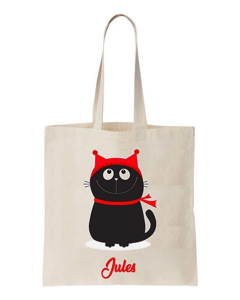 Cute Black Cat With Santa Hat Custom Name Printed Tote Bag Gift For Cat Lovers
