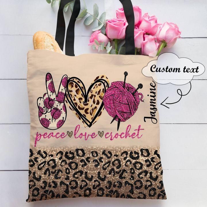 Glitter Leopard Peace Love Crochet Custom Name Printed Tote Bag