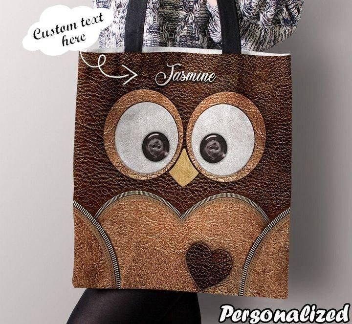 Love Owl Face Leather Pattern Custom Name Printed Tote Bag