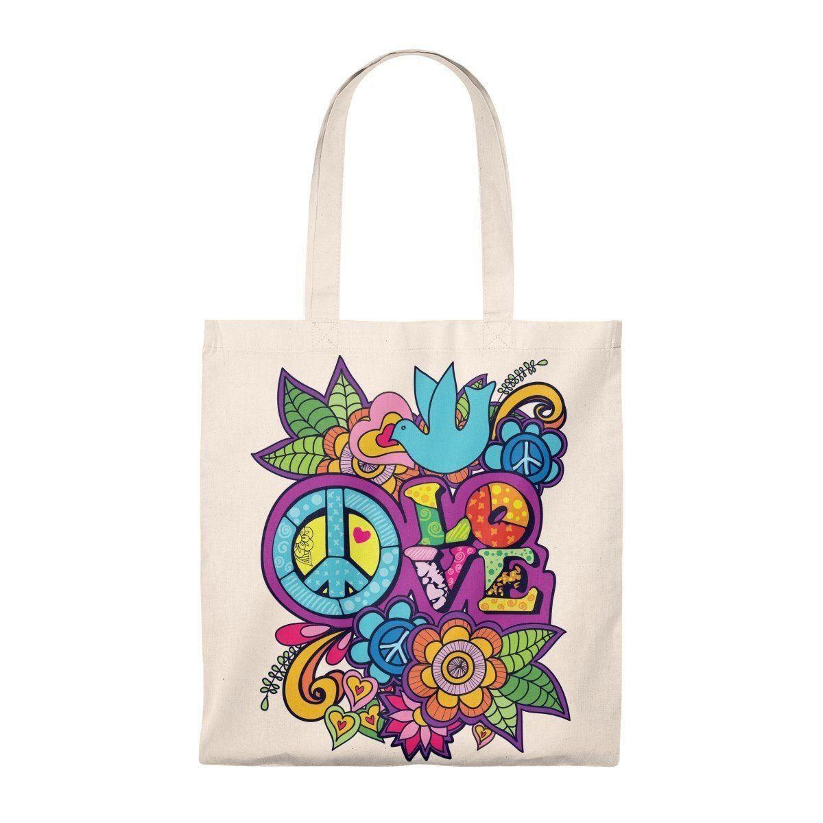 Cartoon Art Peace Love Printed Tote Bag