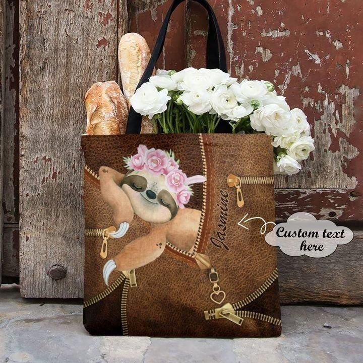 Cute Sloth Flowers Leather Pattern Custom Name Printed Tote Bag
