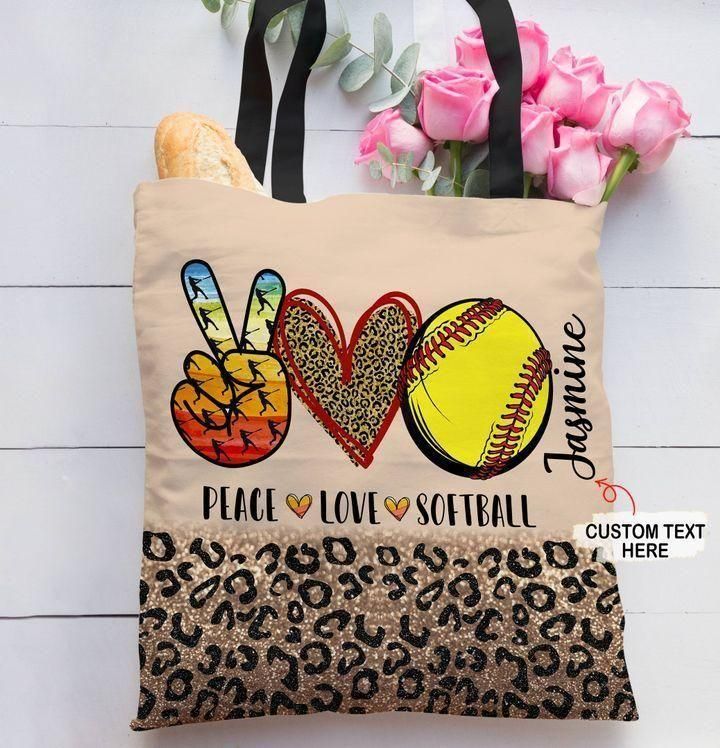 Glitter Leopard Peace Love Softball Custom Name Printed Tote Bag