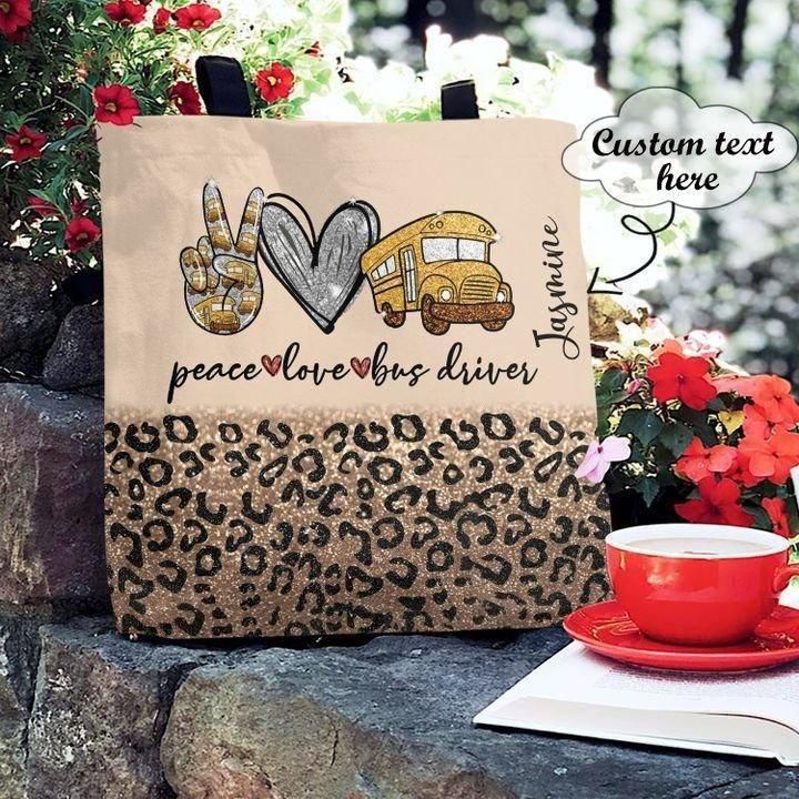 Leopard Glitter Peace Love Bus Driver Custom Name Printed Tote Bag