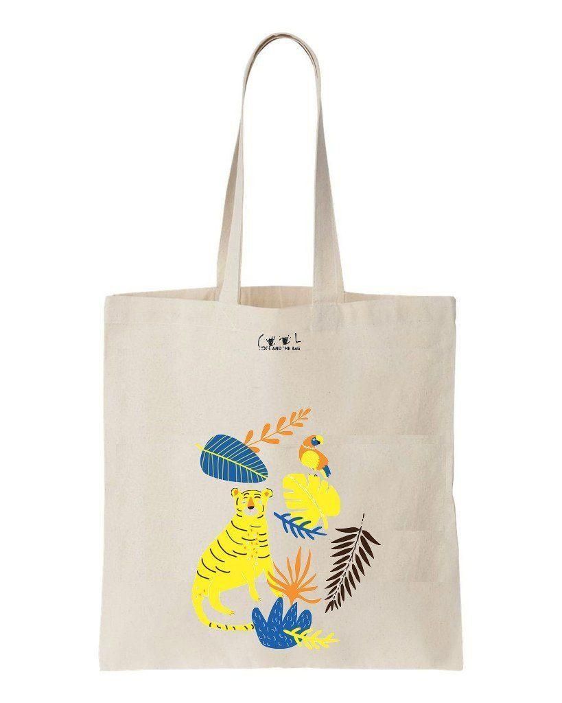 Yello Tiger And Tropical Leaf Printed Tote Bag Birthday Gift For Girl