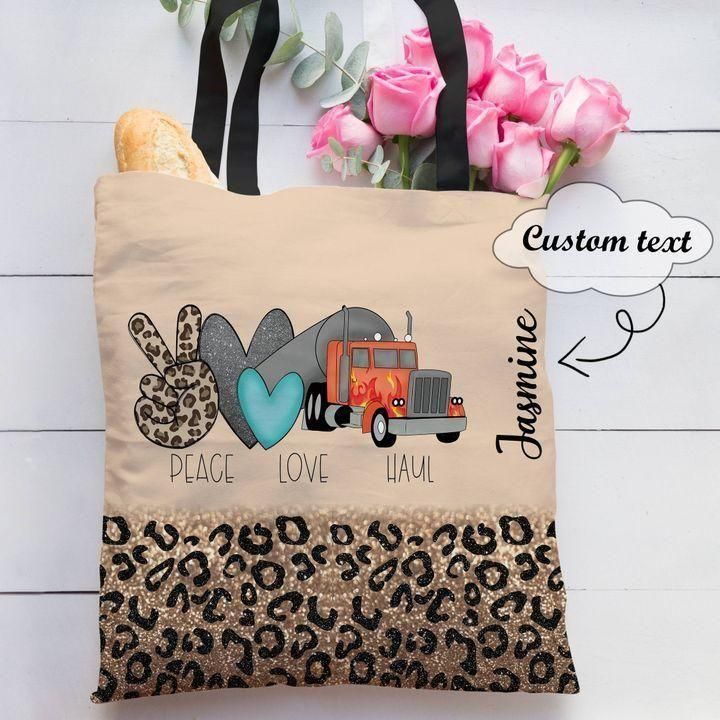 Glitter Leopard Peace Love Haul Custom Name Printed Tote Bag