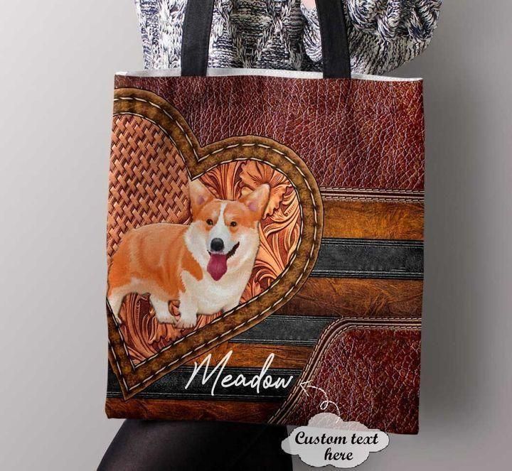 Love Corgi Dog Leather Pattern Custom Name Printed Tote Bag