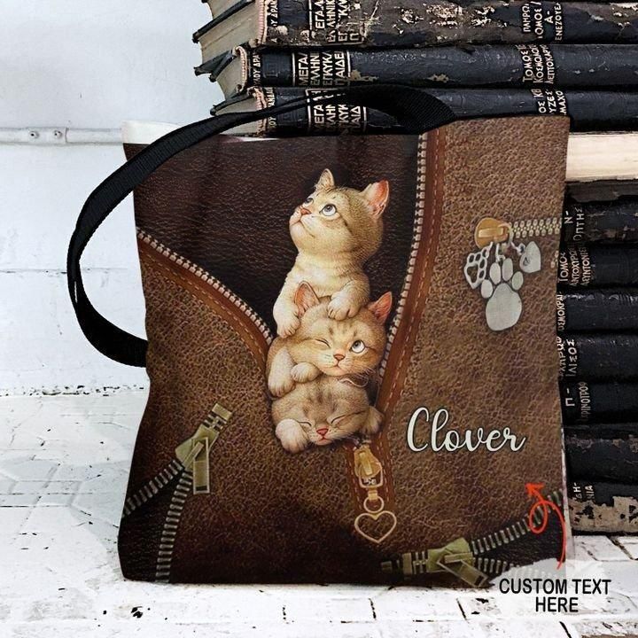 Love Cats Leather Pattern Custom Name Printed Tote Bag