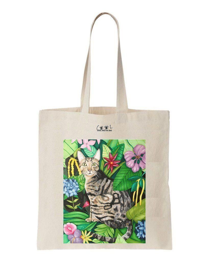 Cat With Tropical Leaves Printed Tote Bag Gift For Cat Lovers