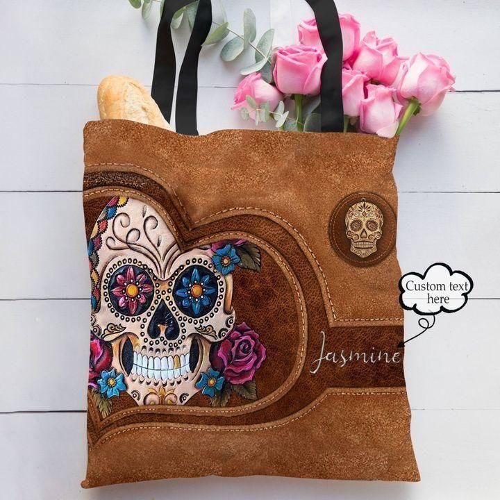 Love Sugar Skull Leather Heart Pattern Custom Name Printed Tote Bag