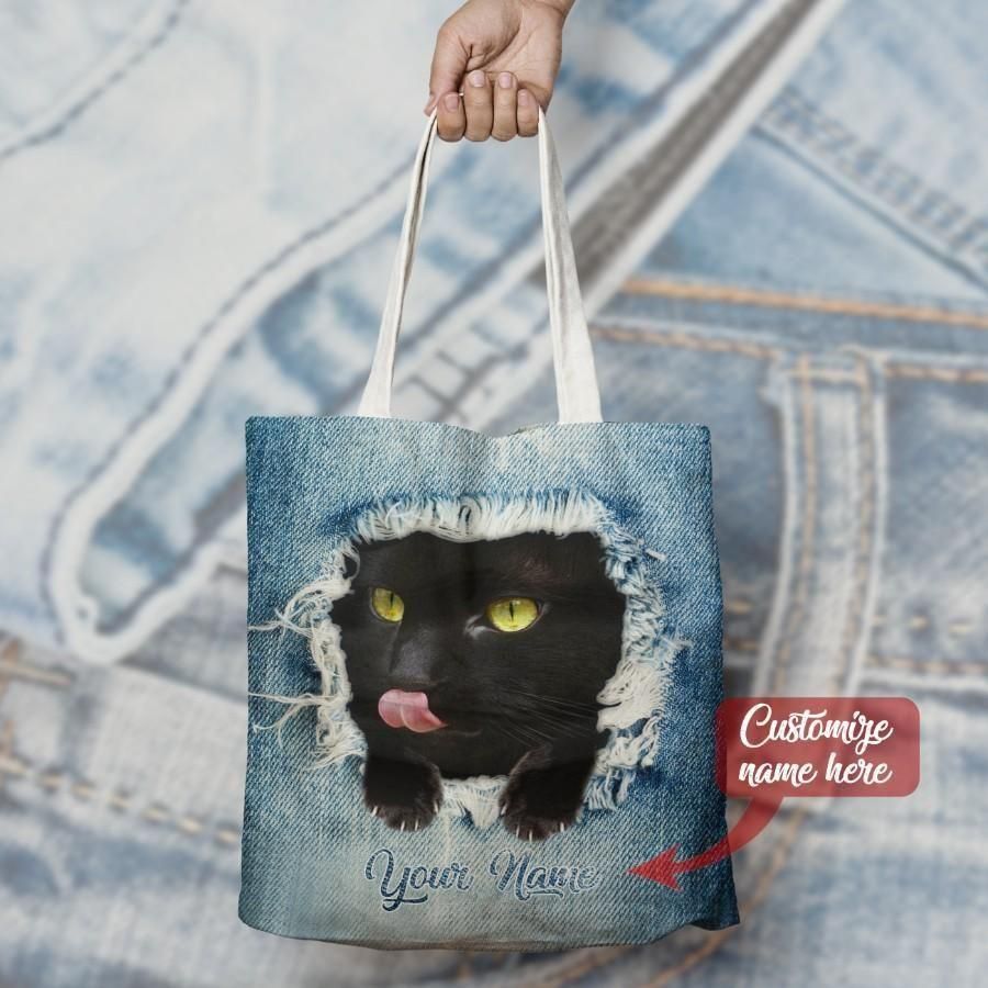 Black Cat Jeans Cracks Custom Name Printed Tote Bag