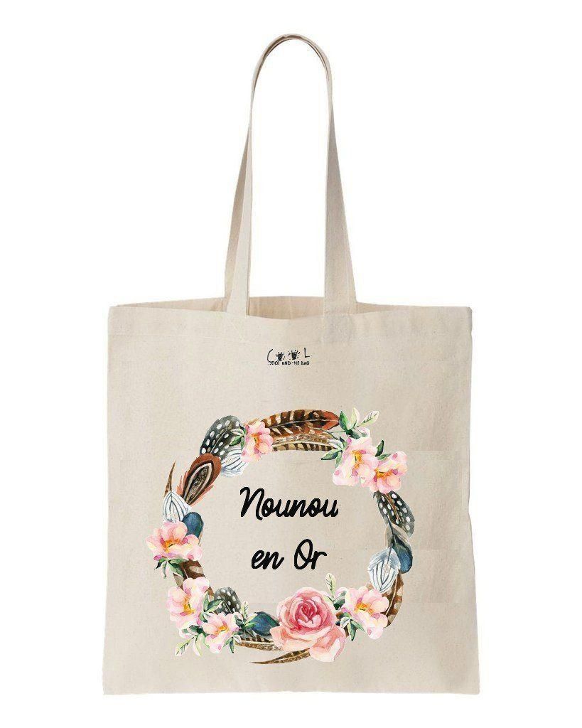 Nounou En Or Flowers Printed Tote Bag Birthday Gift For Girl