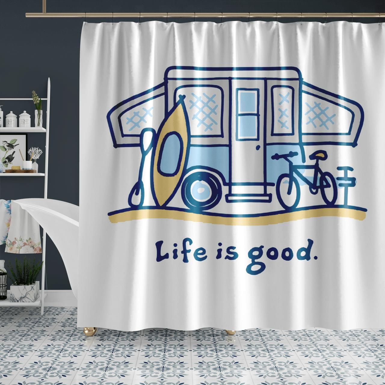 Life Is Good Camping Surfing Cycling Shower Curtain