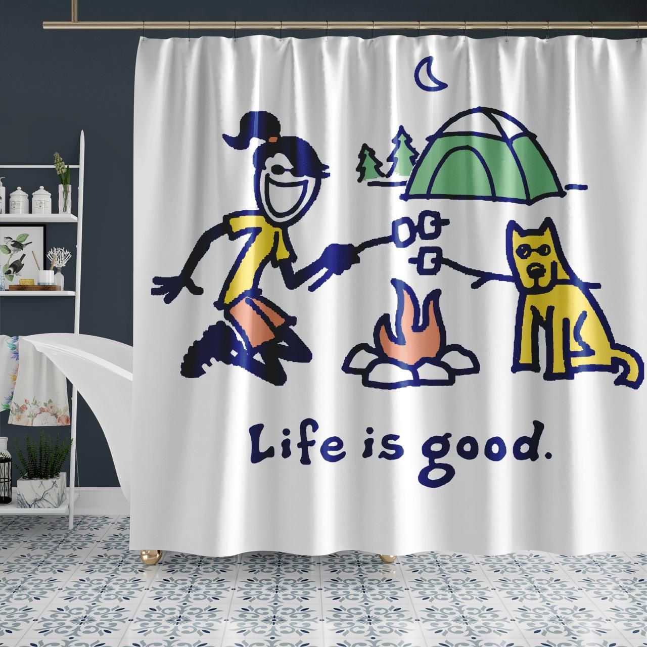Life Is Good Camping Campfire And Dog Shower Curtain