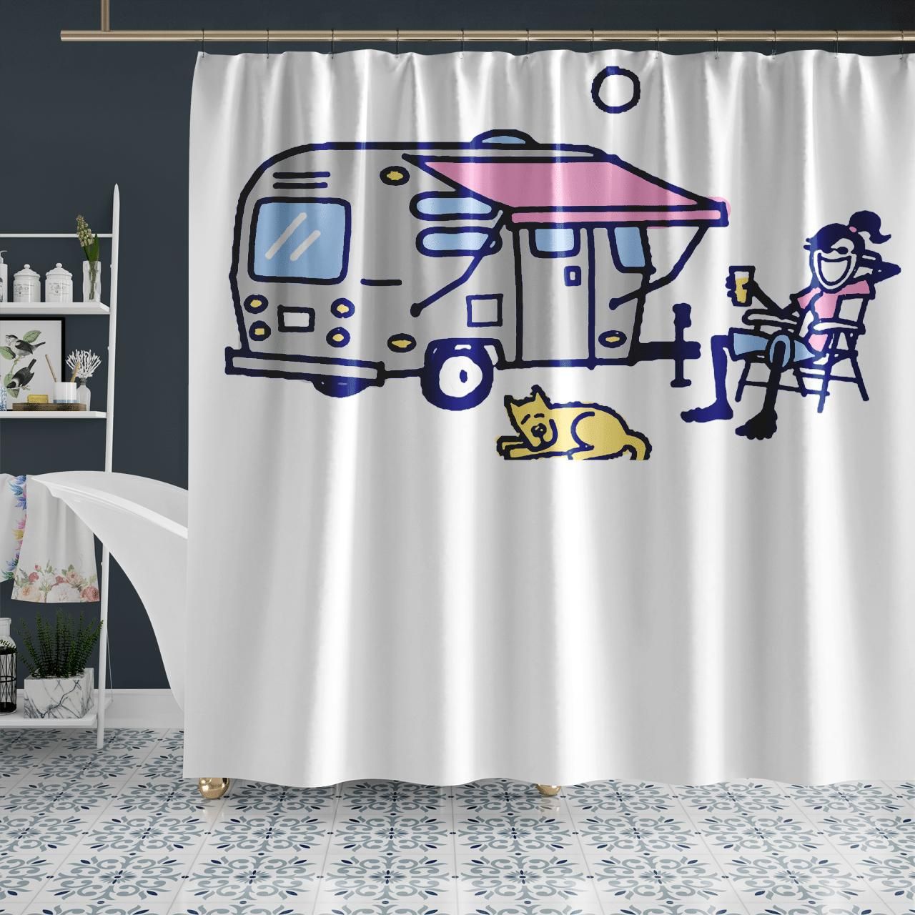 Happy Camping Driking And Dog Shower Curtain