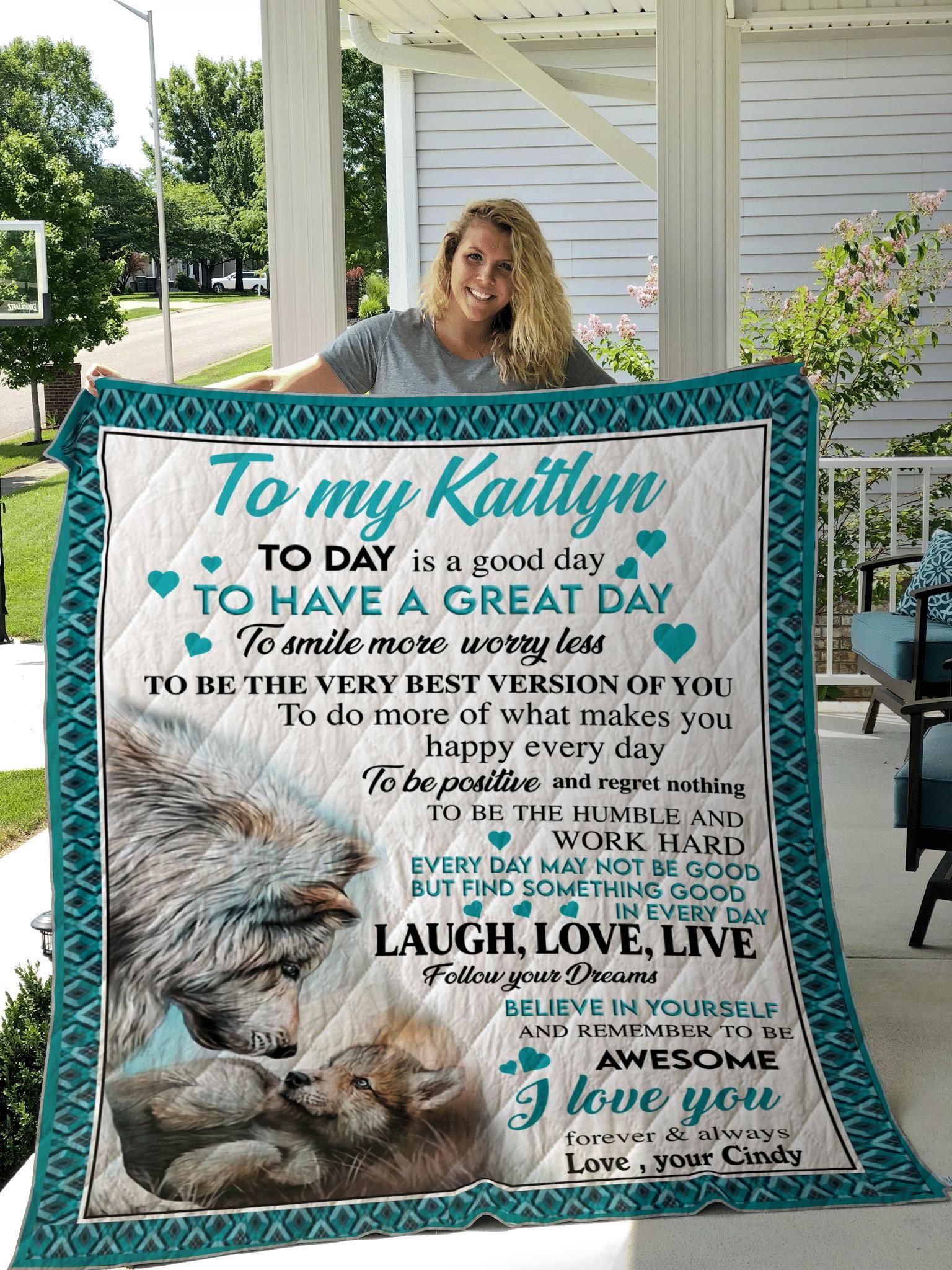 Personalized Wolf To My Daughter I Love You Custom Text Name Daughter Kaitlyn & Mom Cindy Quilt