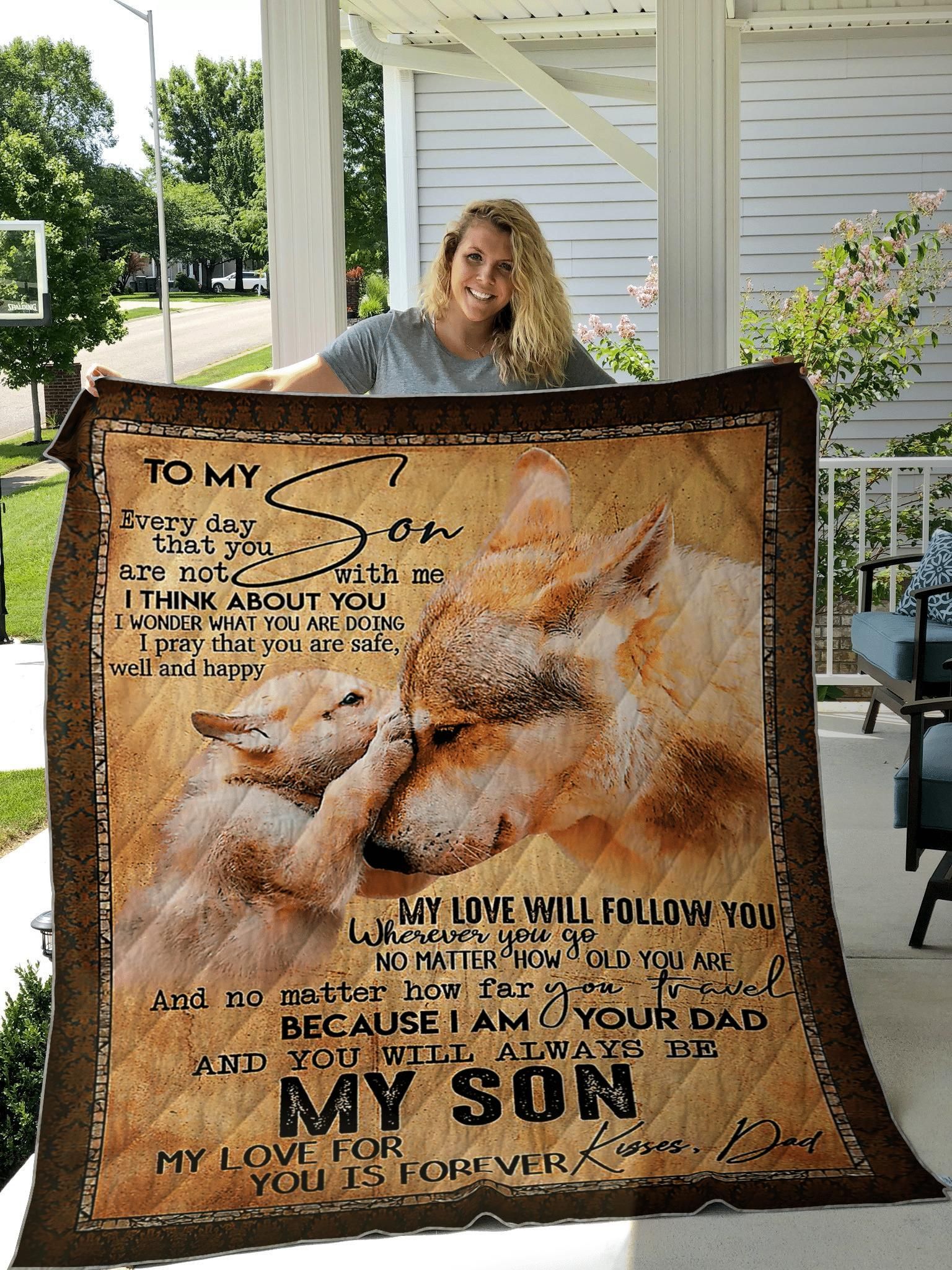 To My Son Love You Forever Gift From Dad Wolf Birthday Gift Quilt