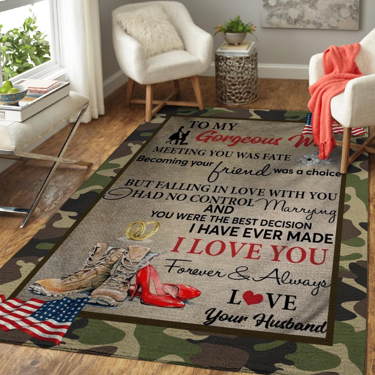 To My Gorgeous Wife Husband And Wife Army American Usa Soft Area Rug