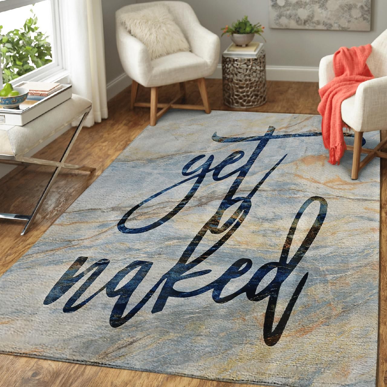 Retro Marble Texture And Letters Get Naked 3D Printed Gift Area Rug