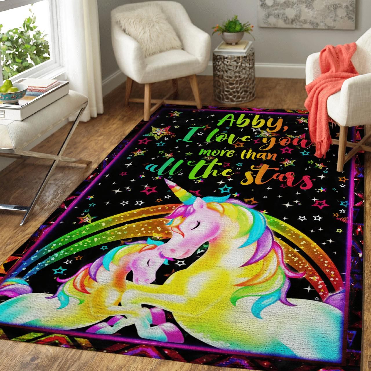 Emily I Love You More Than All The Stars Unicorn Custom Text Name Abby, We Love You More Than All The Stars Area Rug