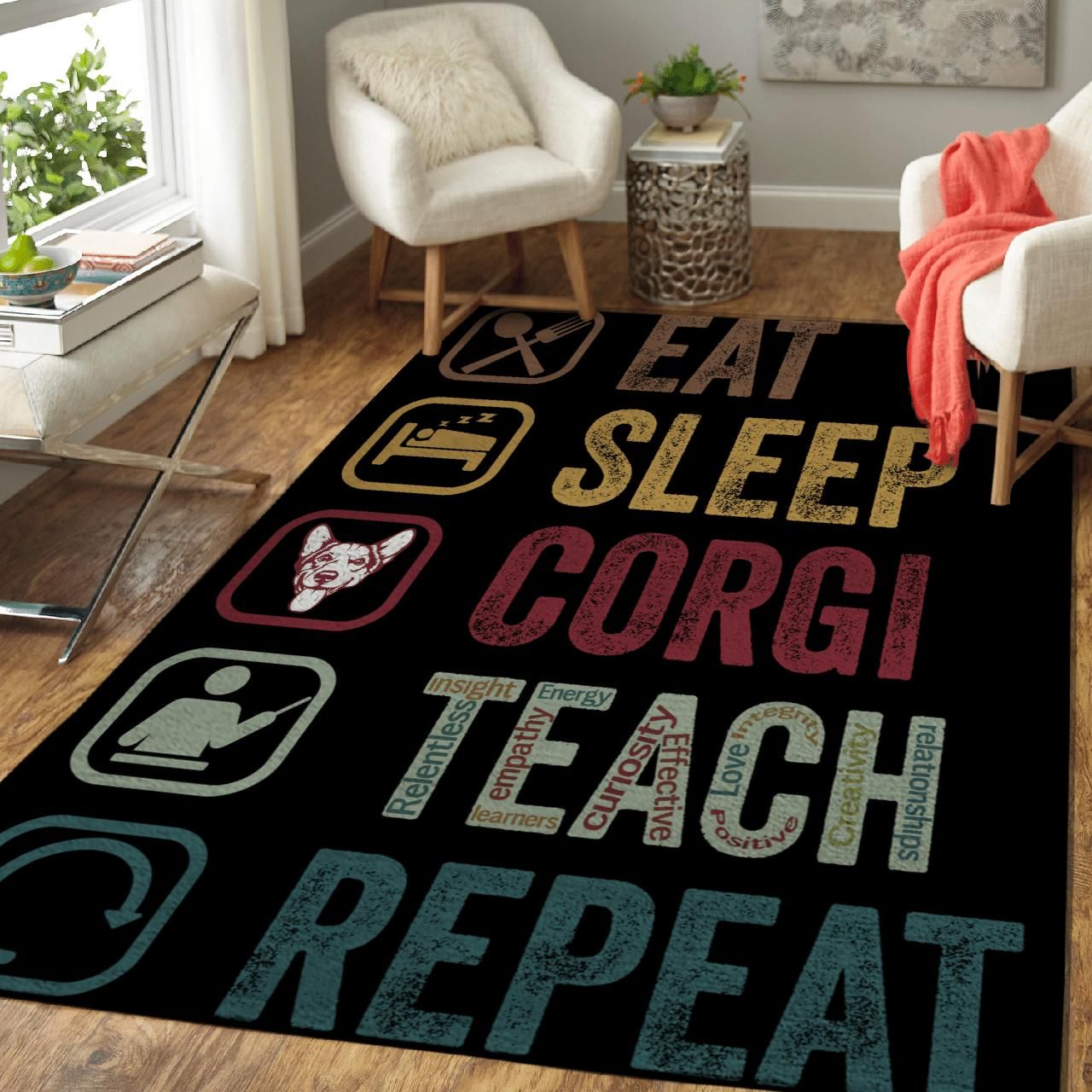 Eat Sleep Corgi Teach Repeat Area Rug