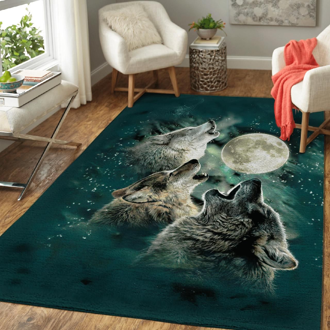 Wolves Howling Moonlight Area Rug