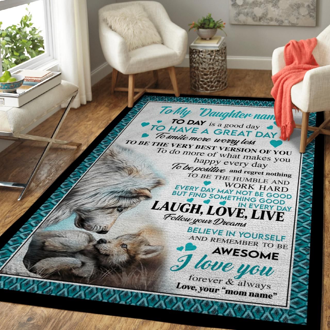 Wolf To My Daughter I Love You Custom Text Name Area Rug