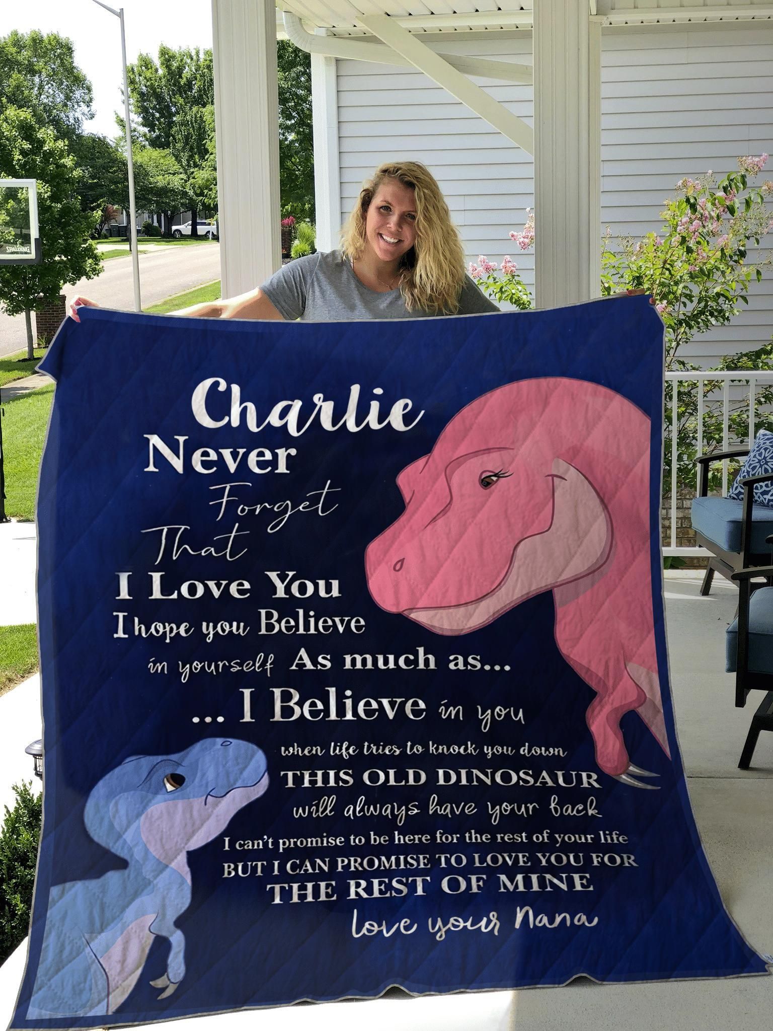 Liam I Believe In You Dinosaur Custom Text Name Charlie Love Your Nana Quilt