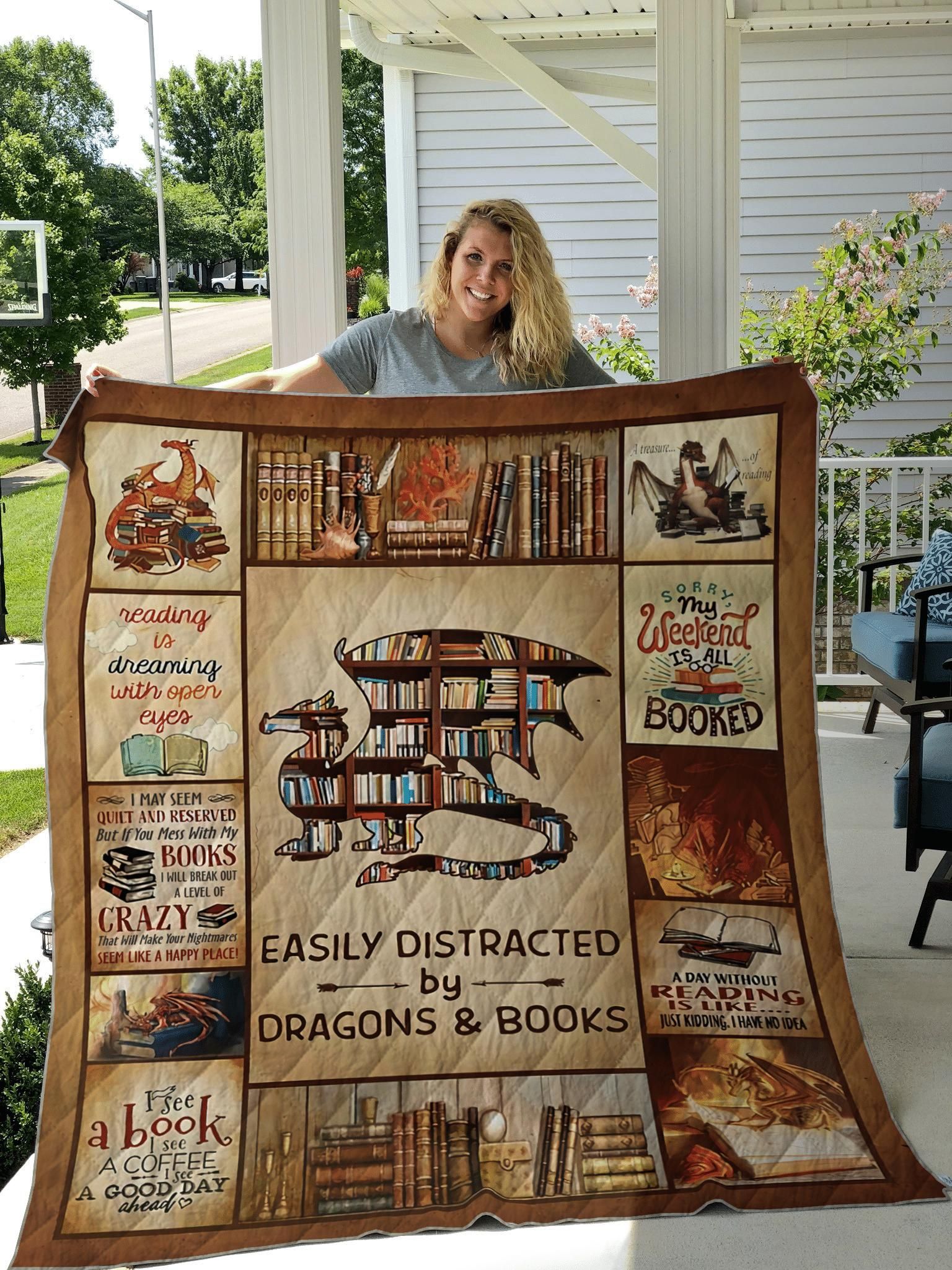 Easily Distracted By Dragons And Books Fleece Quilt PANQT0024