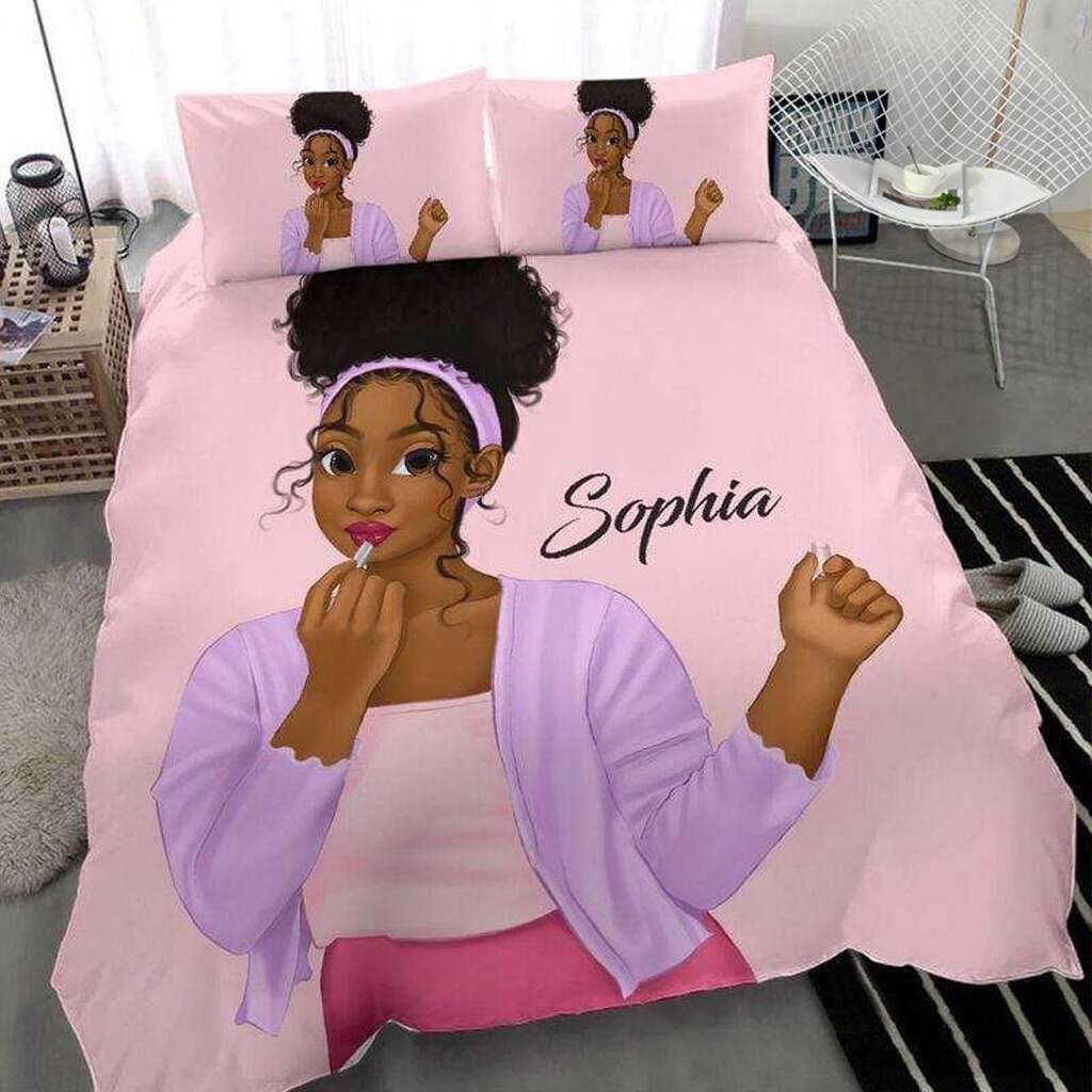 Personalized Self-Love Feminist Pretty Black Woman Pink Purple Custom Name Duvet Cover Bedding Set