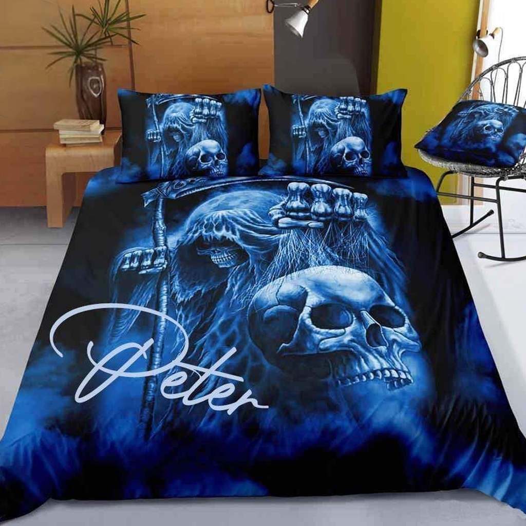 Personalized Skull Blue Custom Name Duvet Cover Bedding Set