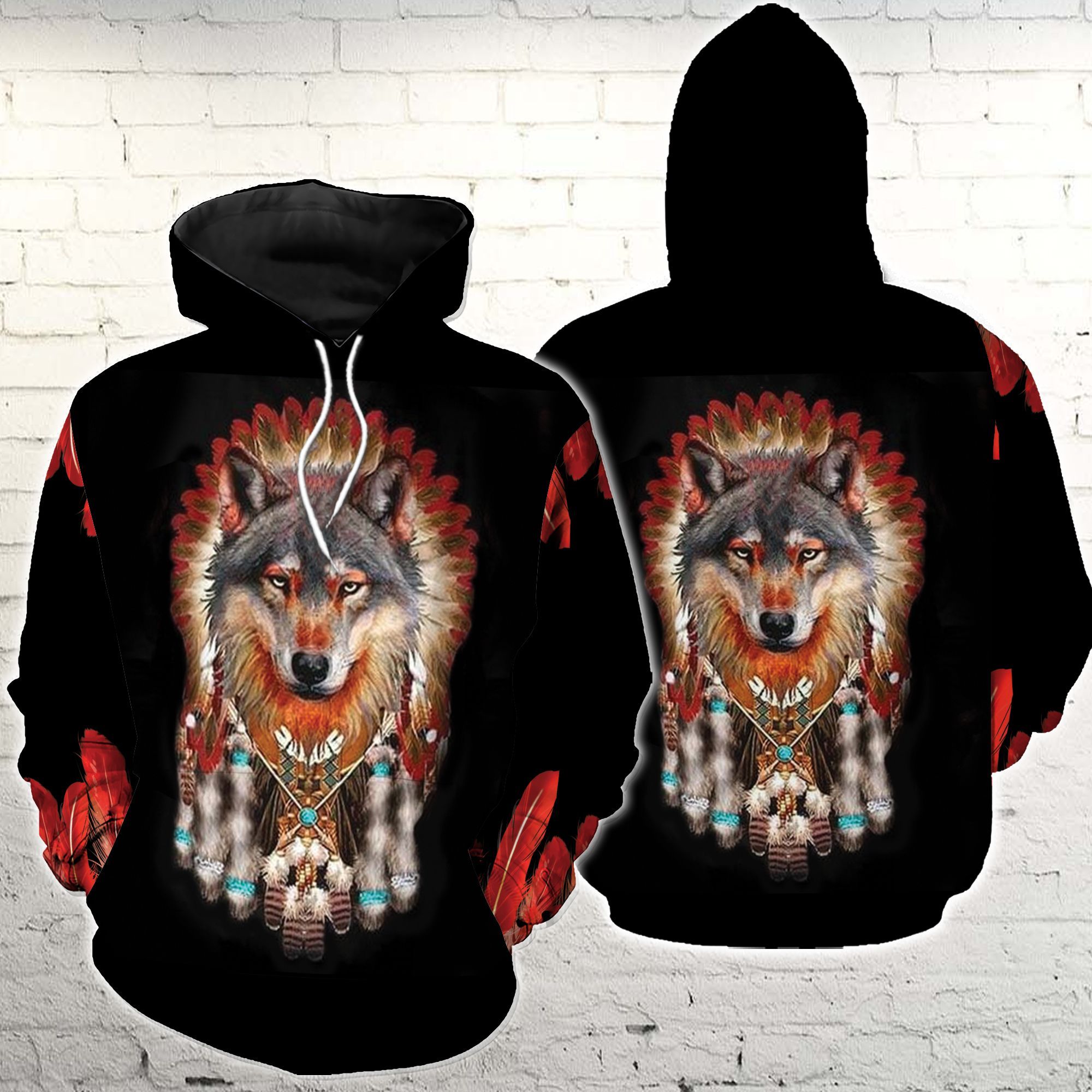 Native American Grey Red Wolf Hoodie 3D All Over Print PAN