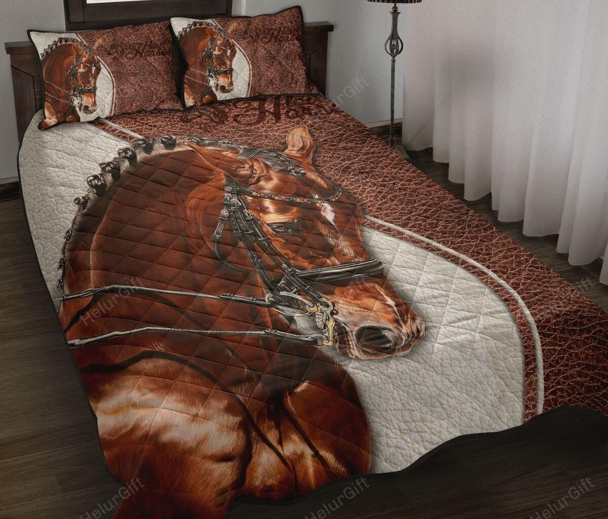 Love Horses Leather Pattern Brown And White Quilt Set