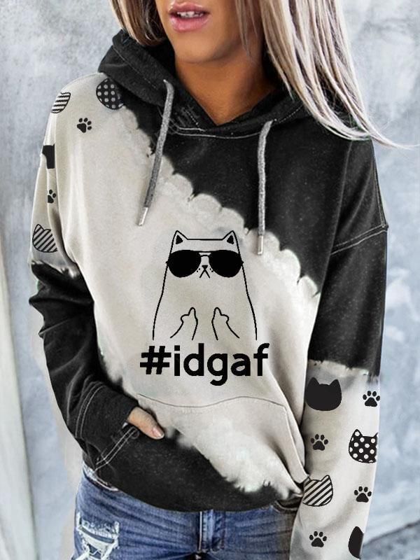 Women's #Idgaf Cool Cat Print Casual Hooded Pocket Sweatshirt