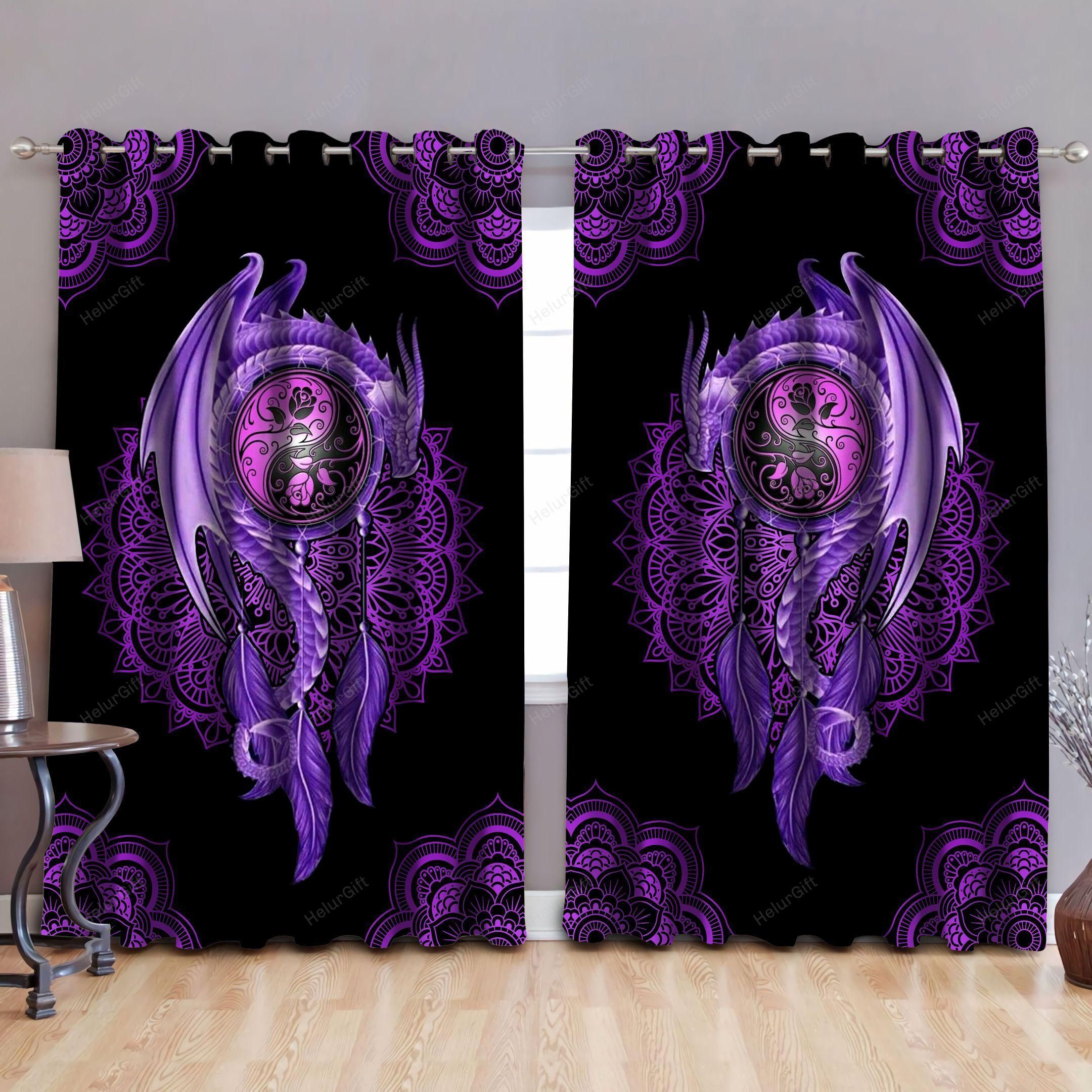 Purple Mandala Dragon Art Blackout Thermal Grommet Window Curtains