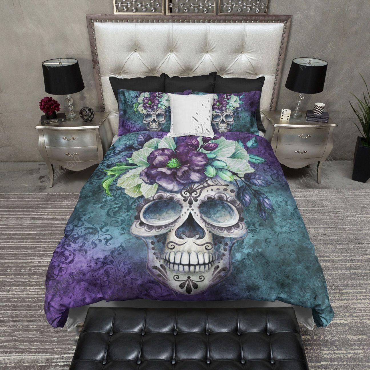 Teal and Purple Webbed Sugar Skull and Flower Bedding Set