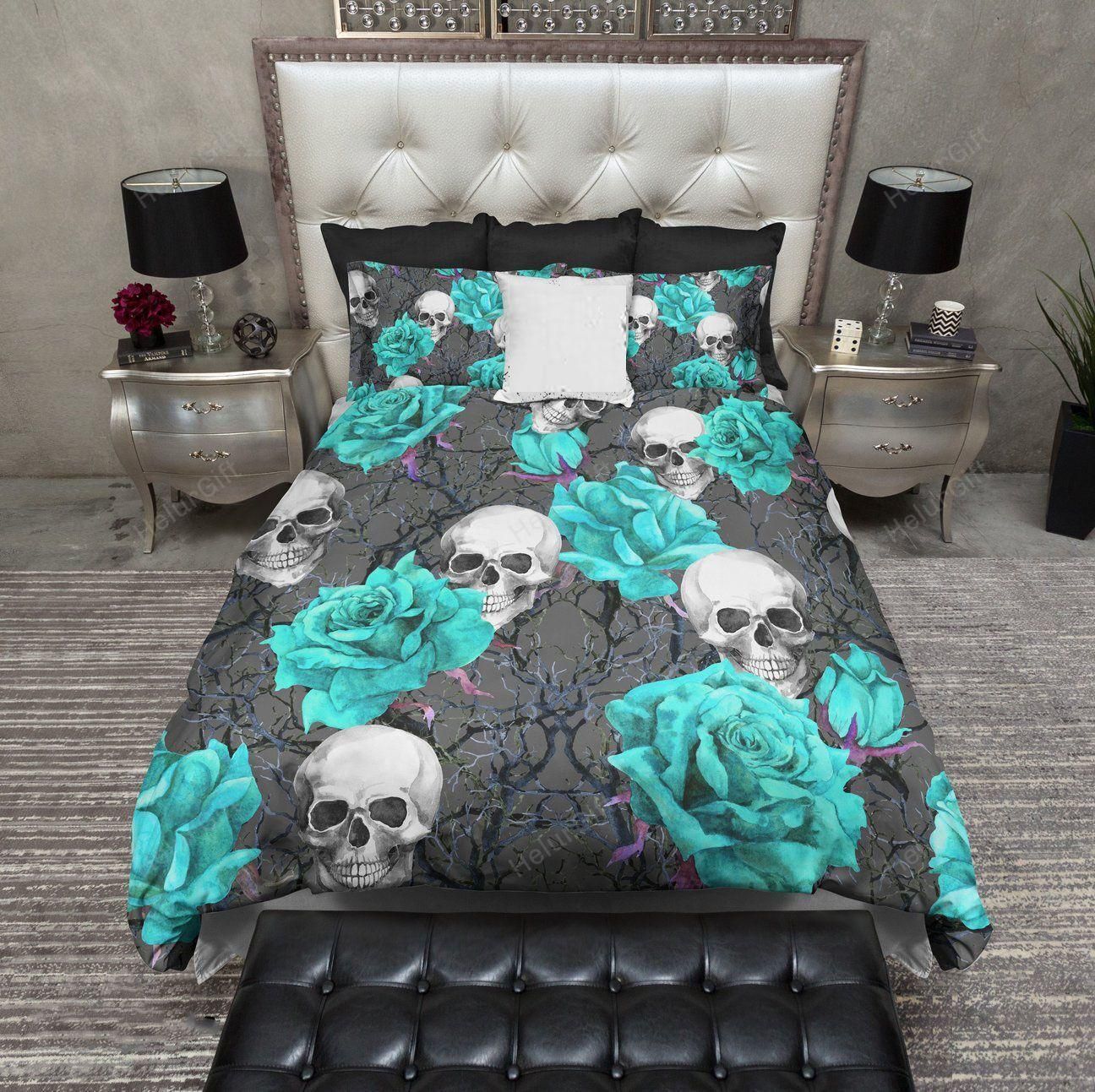 Turquoise Rose and Purple Thorns Skull Bedding Set