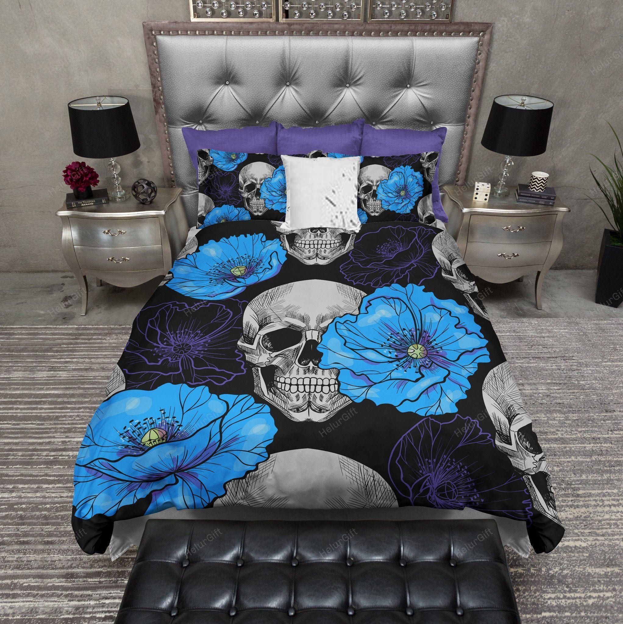 Purple and Blue Poppy Skull Bedding Set