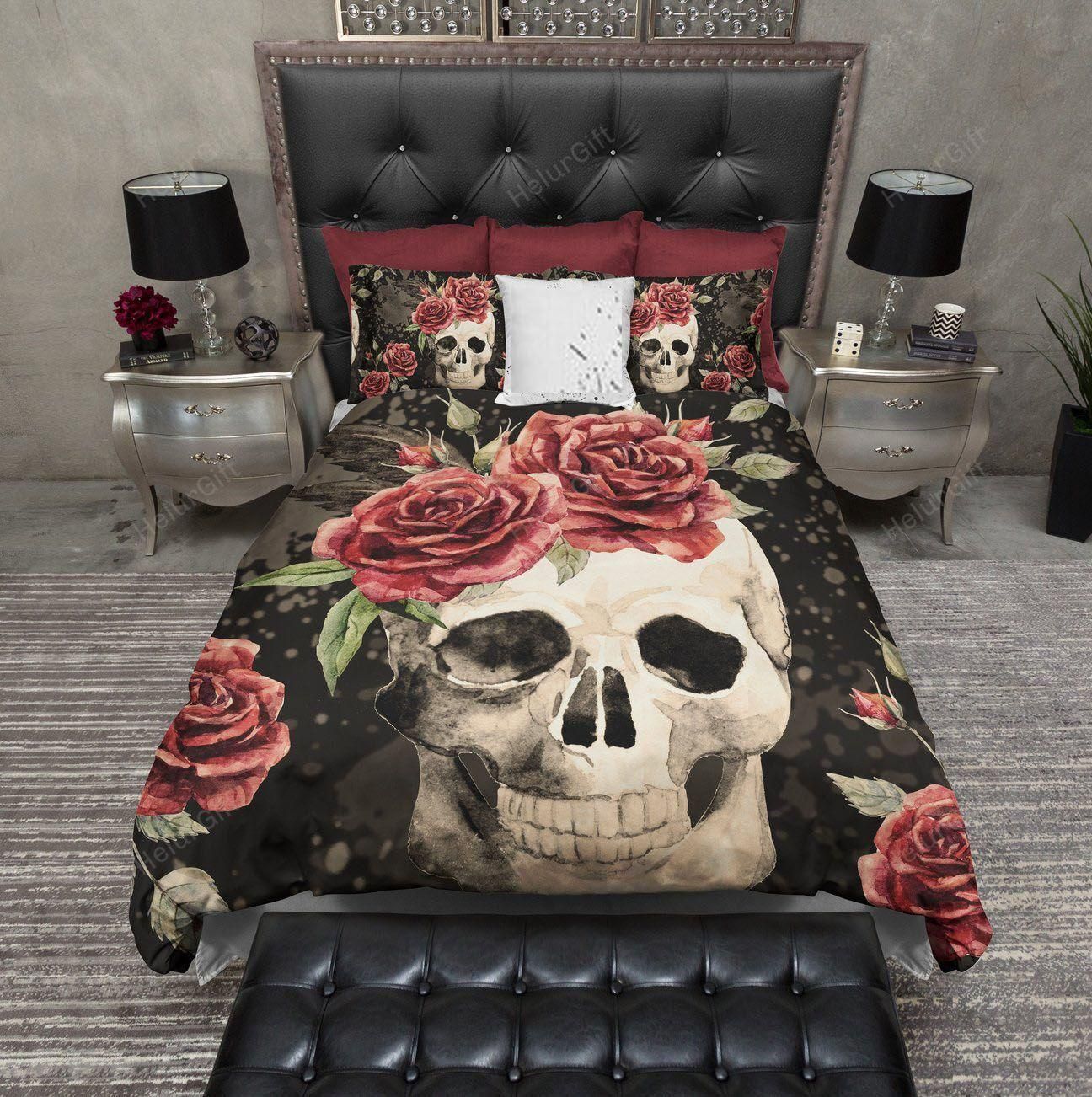 Antiqued Red Rose Skull CREAM Bedding Set