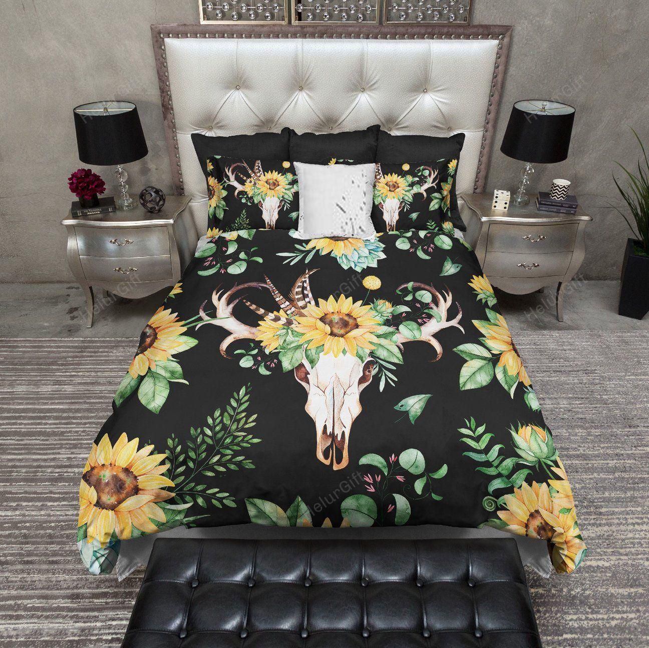 Sunflower and Deer Skull on Black Bedding Set
