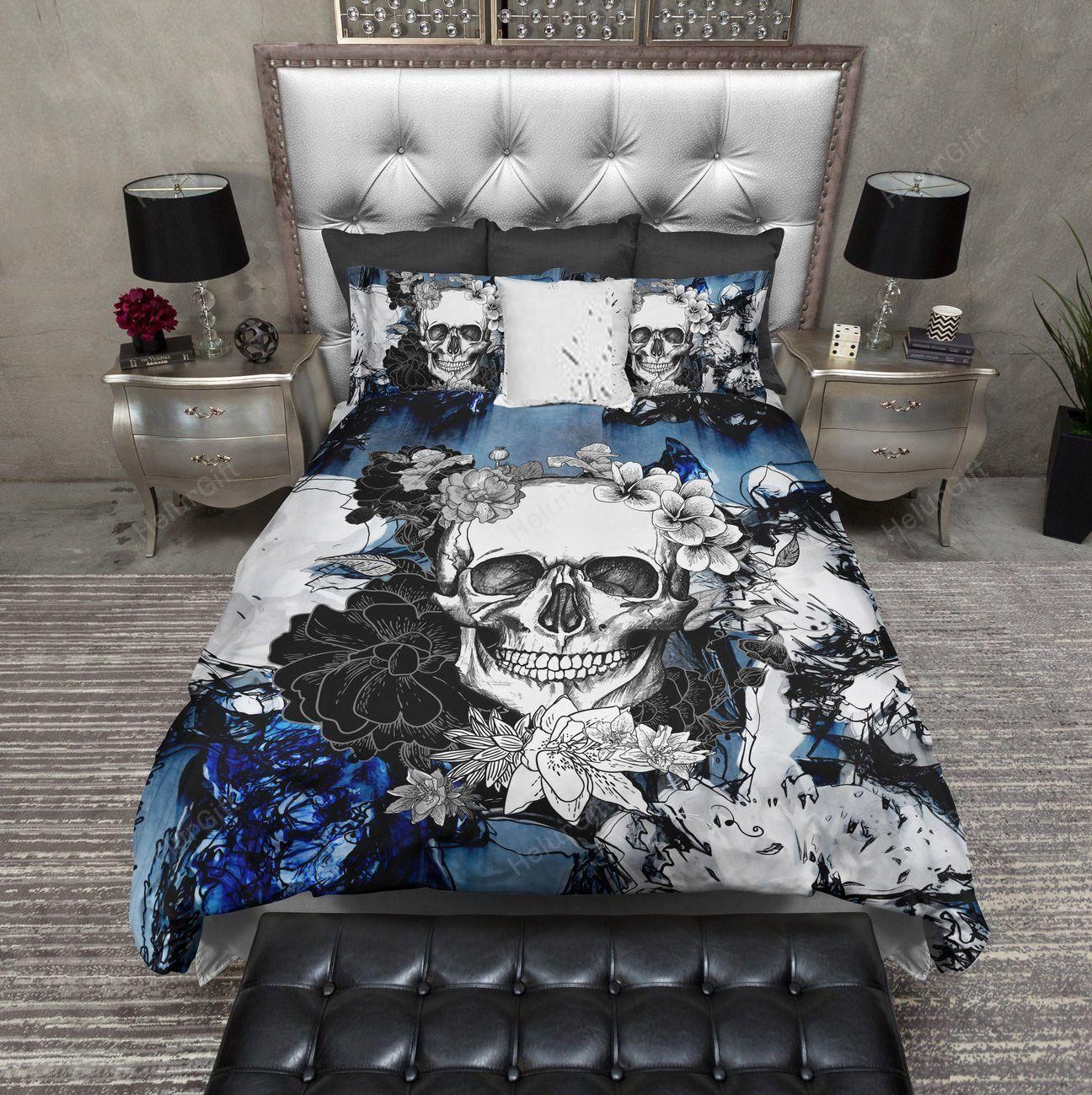 Skull Black And Blue Flower Bedding Set