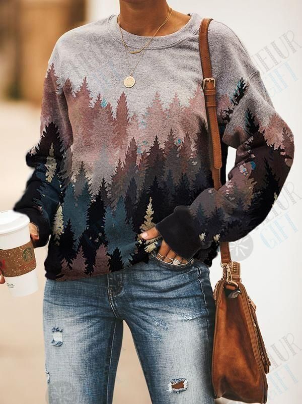 Round neck casual loose forest print sweatshirt