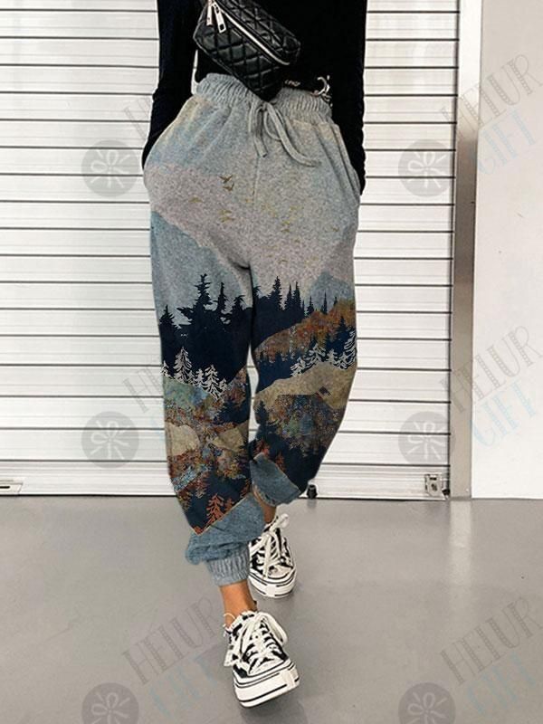 Women's Treetop Mountain Print Zipper Casual Pants