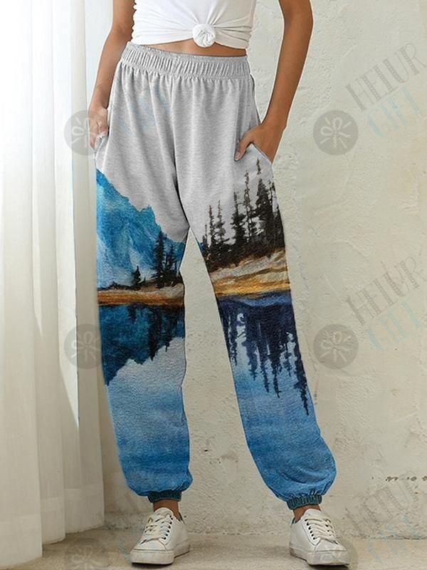 Women's Mountain Painting Printed Elastic Waist Casual Pants with Pockets